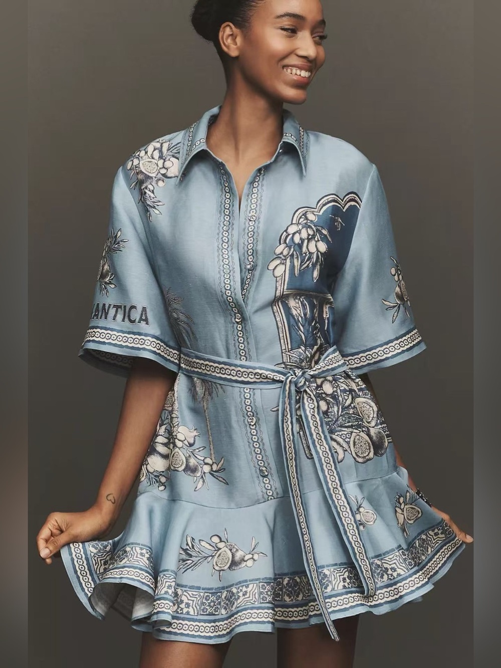 Alemais Sky Blue Floral Button-Front Tie-Waist Mini Dress